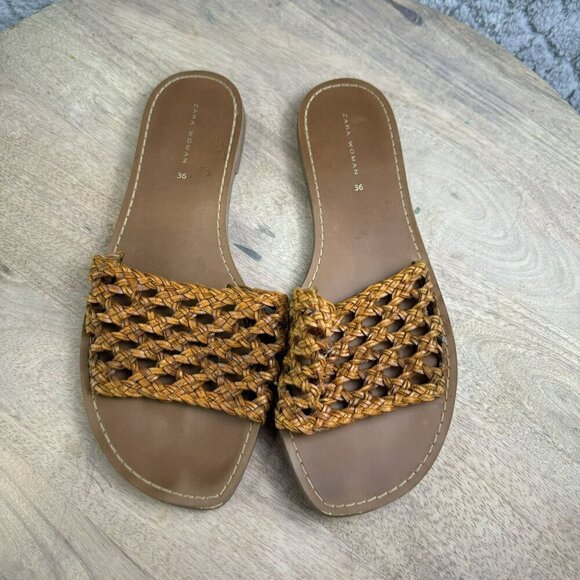 Zara Woman Woven Slide Sandals Size 36/6 Brown Tan Rattan Flats - Picture 3 of 4